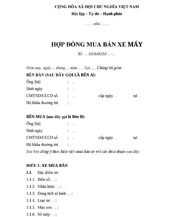 mẫu hợp đồng mua xe máy